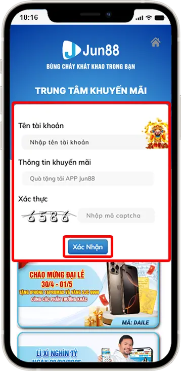 Bước 5: Nhập tên tài khoản » Nhập mã xác thực » Ấn "Xác Nhận" chờ hệ thống xét duyệt